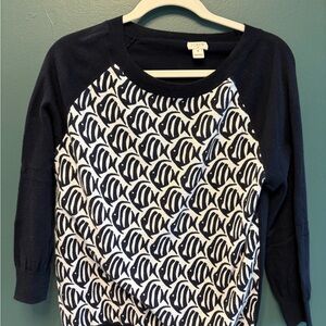 J.Crew 100% Cotton Navy & White Fish-Print Raglan Cottagecore Sweater size M